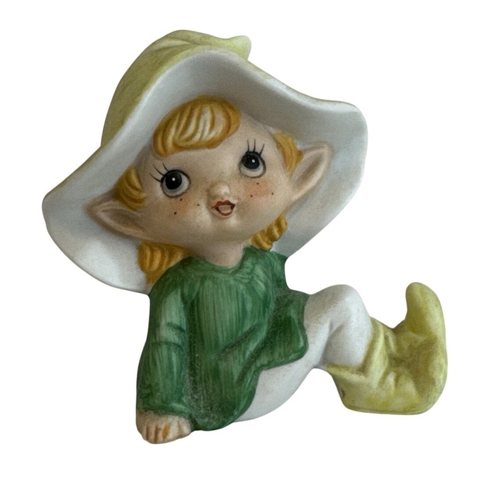 Vintage 1970's HOMCO Garden Pixie Elf Figurine Green 5213 Home Interior Bisque
